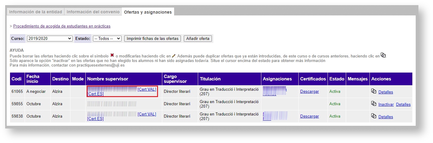 En la columna supervisor apareix un enllaç per descarregar el certificat tant en catstellà com en valencià