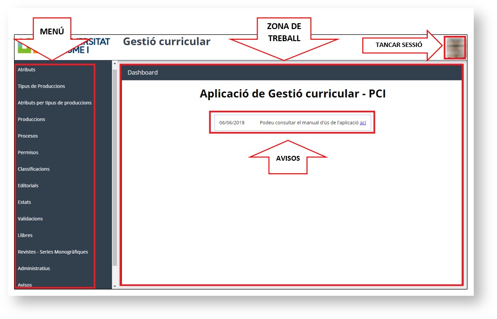 Presentació de la pàgina d'inici de PCI per als administradors de l'aplicació