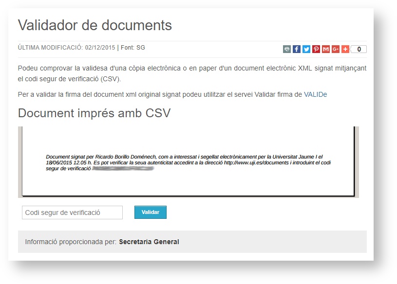 Pàgina d'inici de Validador de documents 