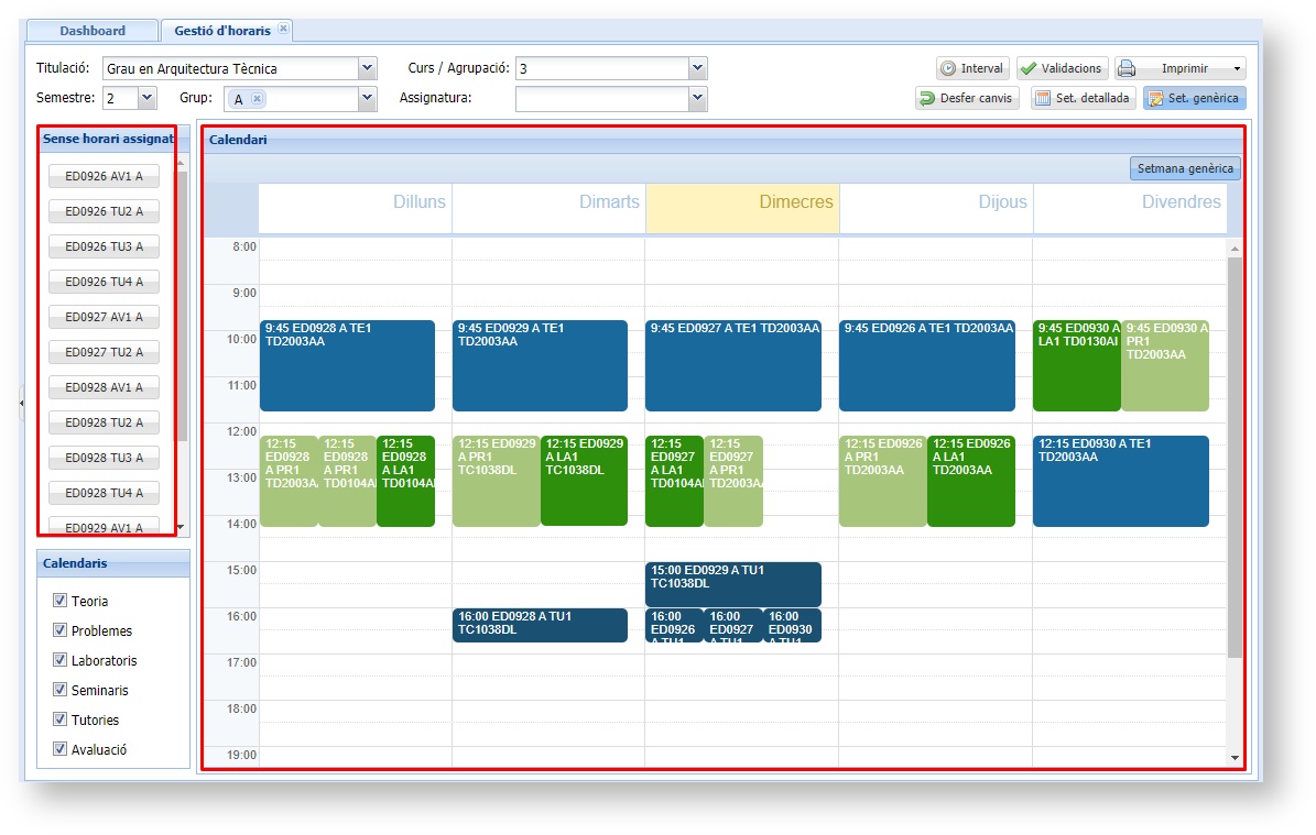 Assignatures sense horari assignat i calendari amb les classes ja programades 