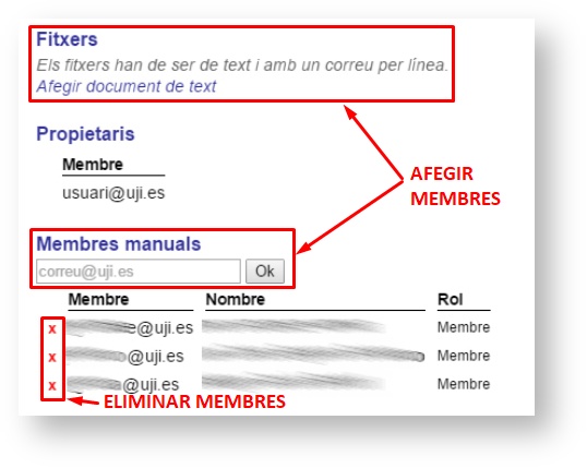 Indicacions per afegir i eliminar membres d'una llista manual 