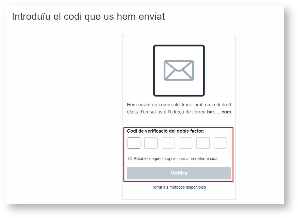 Obtenir codi a través d'un missatge al correu electrònic alternatiu
