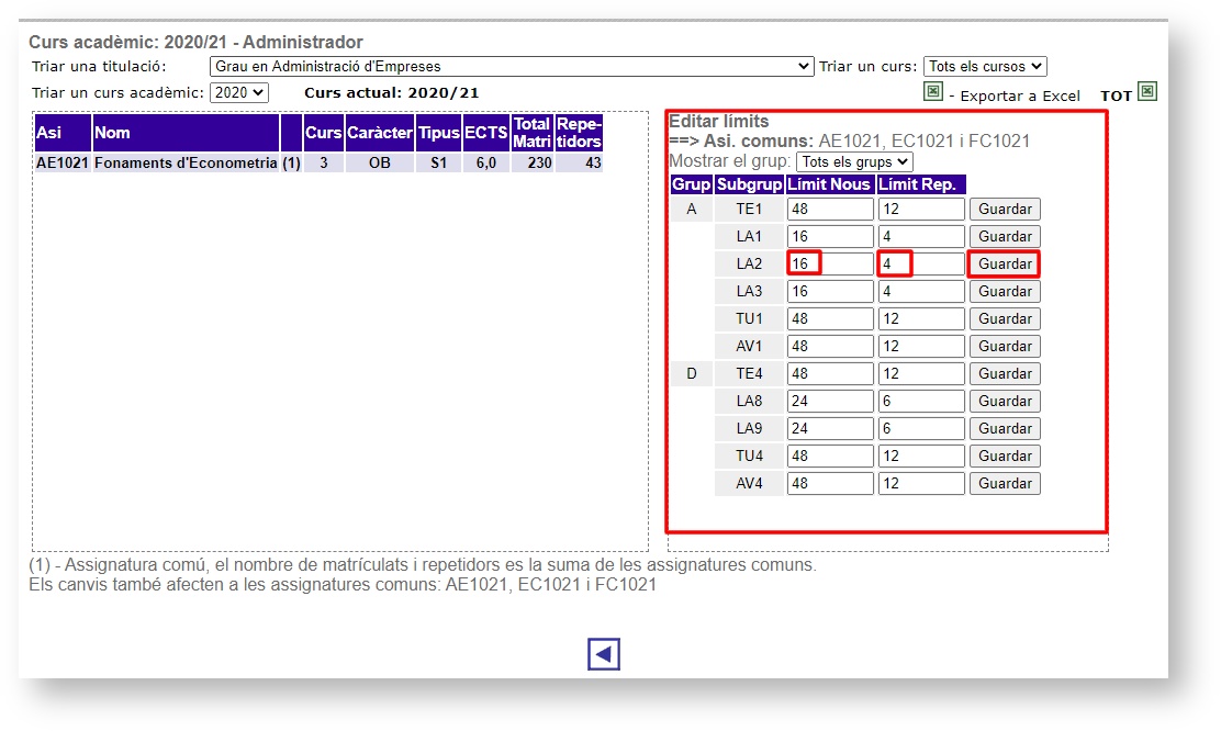 Especificar els límits de matrícula de subgrups de forma manual
