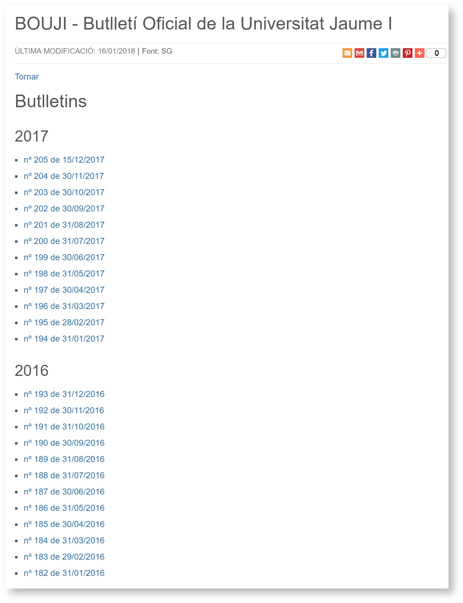 Visualització de tots els butlletins agrupats per anys