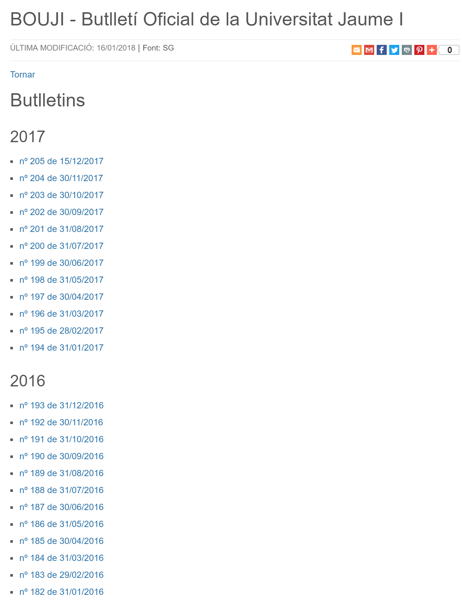 Visualització de tots els butlletins agrupats per anys