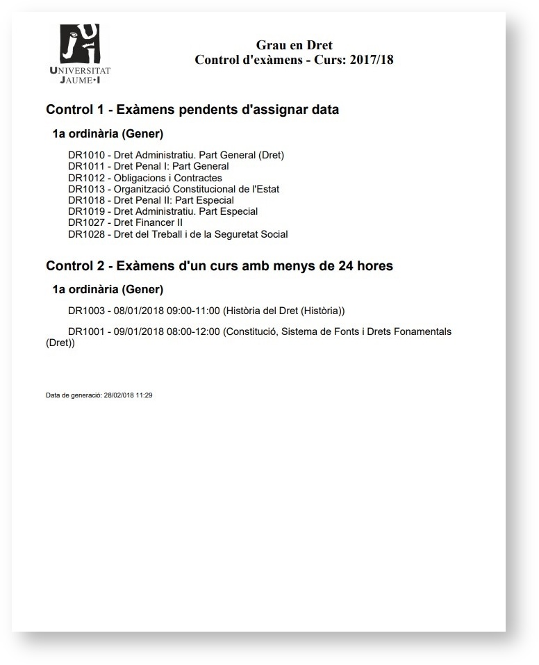 Document per comprovar el resultat dels controls sobre la programació d'exàmens