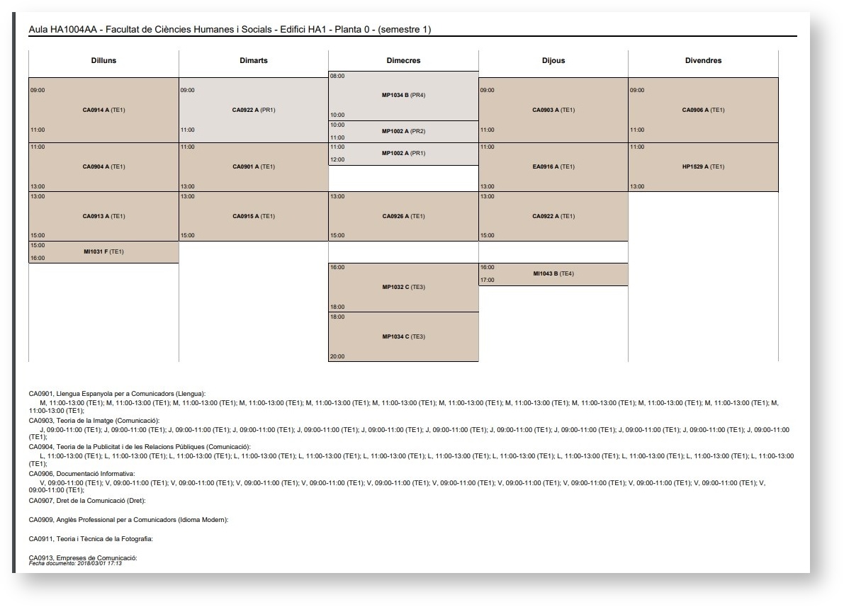 Exemple d'impressió del calendari amb l'ocupació de les aules d'un centre