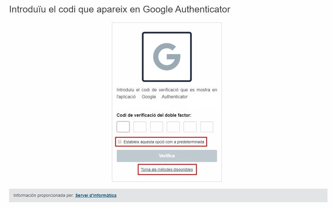 Pantalla per introduir el codi de Google Authenticator